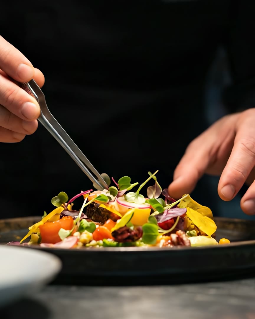 Chef dressant une assiette à la pince